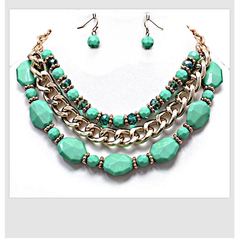 Necklace Earrings Set Green Gold Layered Multi Strand Chain 16.5"-19"L Women